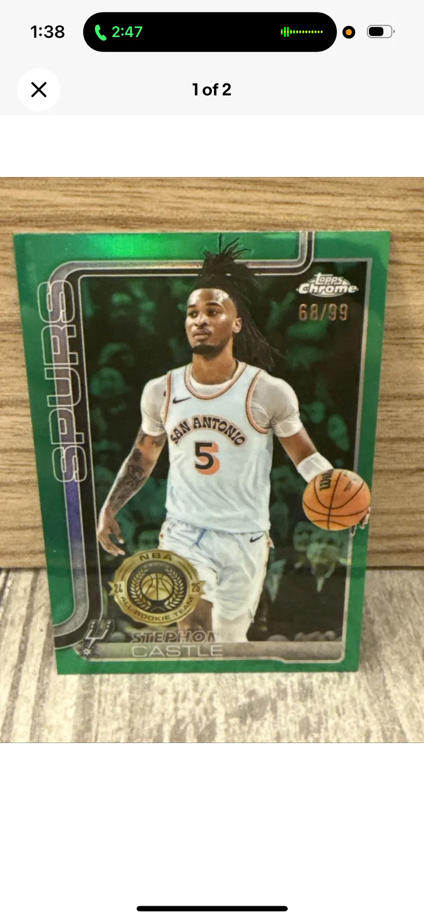Stephon Castle 2024 Topps Chrome Green Refractor numbered 66 of 99 San Antonio Spurs