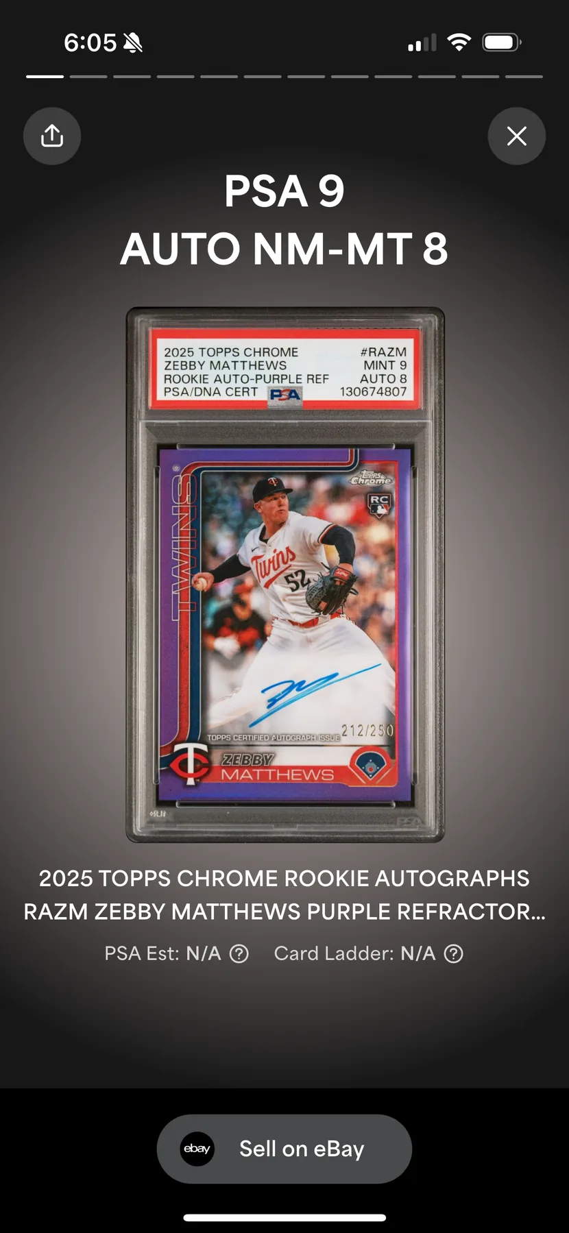 Zebby Matthews 2025 Topps Chrome rookie autograph purple refractor PSA 9 Minnesota Twins